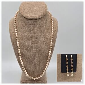Vintage Monet Faux Pearl 22" Necklace & Matching Earrings Gold Filigree 3" Drop